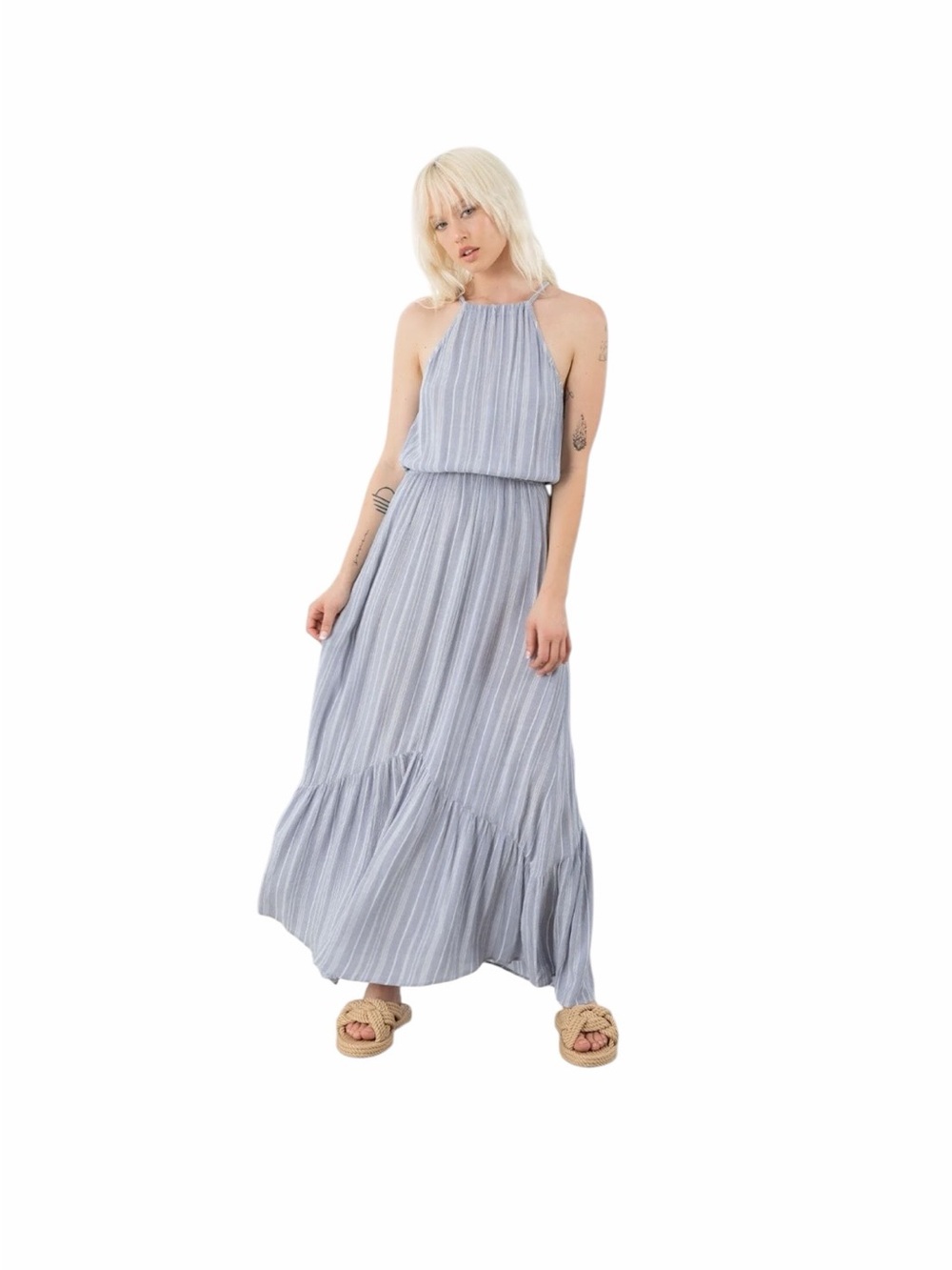 Love stitch light blue stripe halter maxi dress
